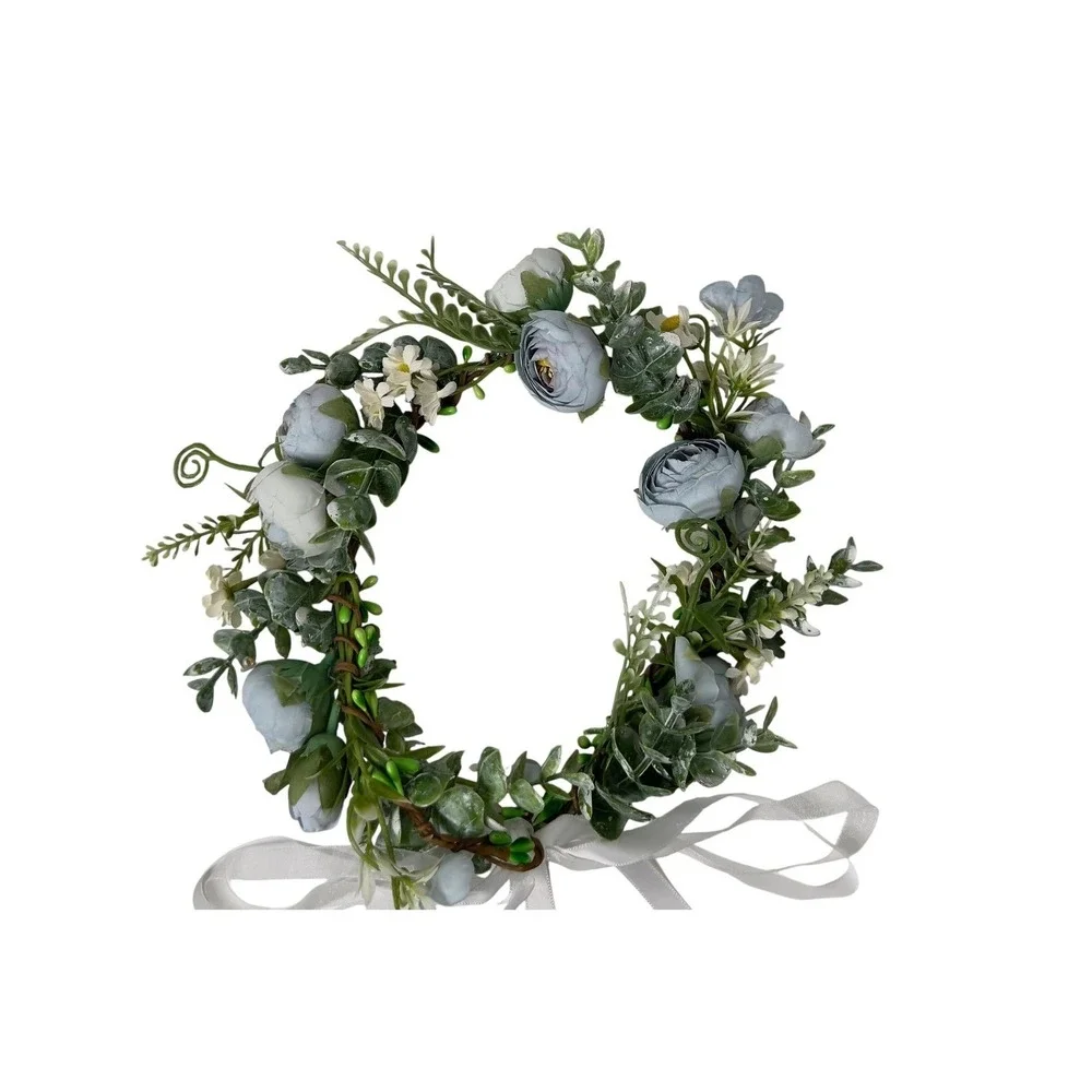Dusty Blue Floral Crown Flower Halo Adjustable Ribbon Wedding Festival Boho‎